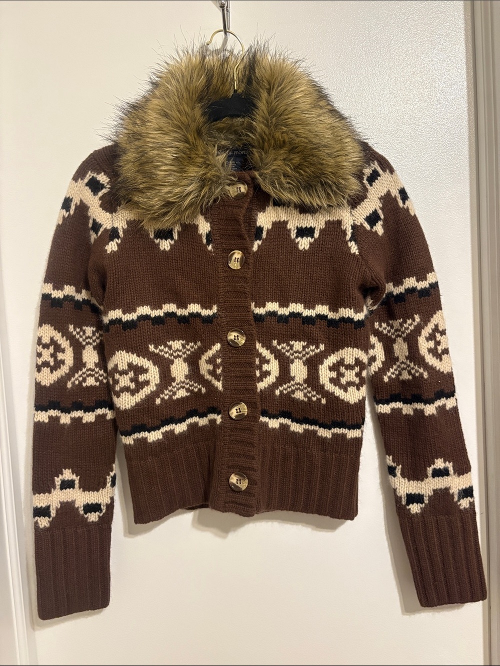 Boston Proper Brown Cream Patterned Fur Collar Cardigan